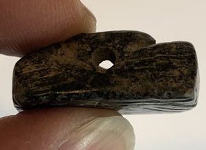 500 BC Seal Black Stone with Geometric Design on Front with Bird Perched in Center with suspension hole